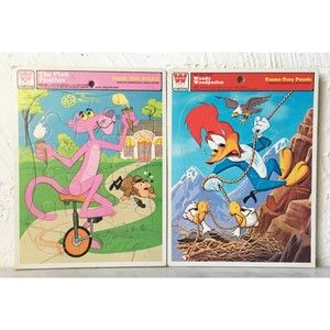 Vintage Whitman 1976 Woody Woodpecker 1979 Pink Panther - 2 Frame Tray Puzzles